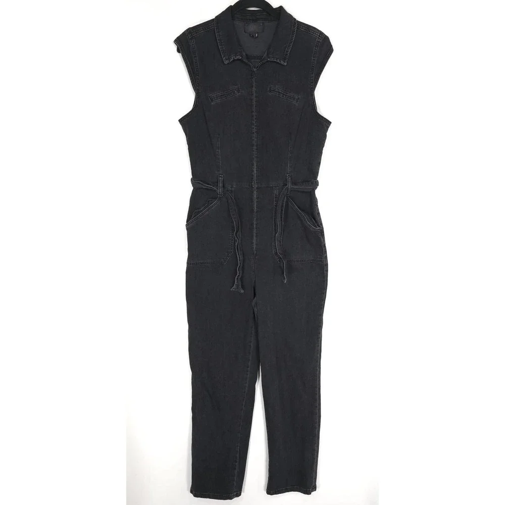 PAIGE Denim Jumpsuit Black‎ Sleeveless Zip Belted Cotton Stretch Size 8